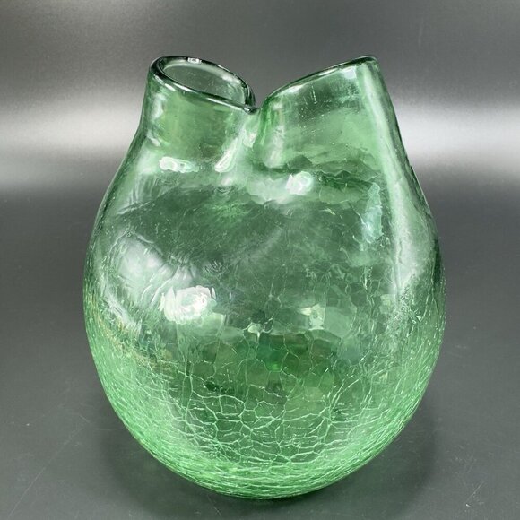 Green Crackle Glass Pinched Ivy Vase Hand Blown Glass Vase Hand Made Glassware - Picture 11 of 14